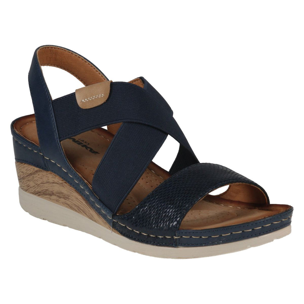 Women’s blue wedge sandal with criss-cross elastic straps, snakeskin texture toe, and wood-grain heel. Style #837801-500
