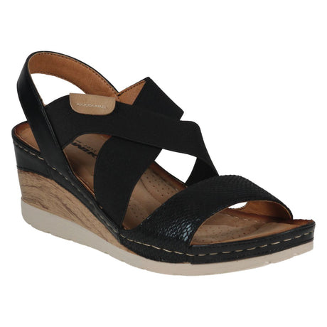 Women’s black wedge sandal with criss-cross elastic straps, snakeskin texture toe, and wood-grain heel. Style #837801-100