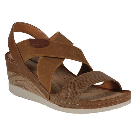 Women’s brown wedge sandal with criss-cross elastic straps, snakeskin texture toe, and wood-grain heel. Style #837801-300