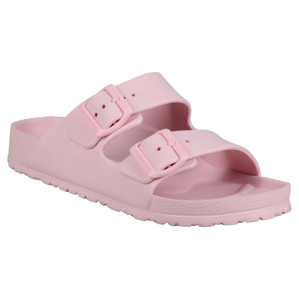 Women’s pink waterproof EVA slide sandal with two adjustable buckle straps and a contoured footbed. Style #4999127862