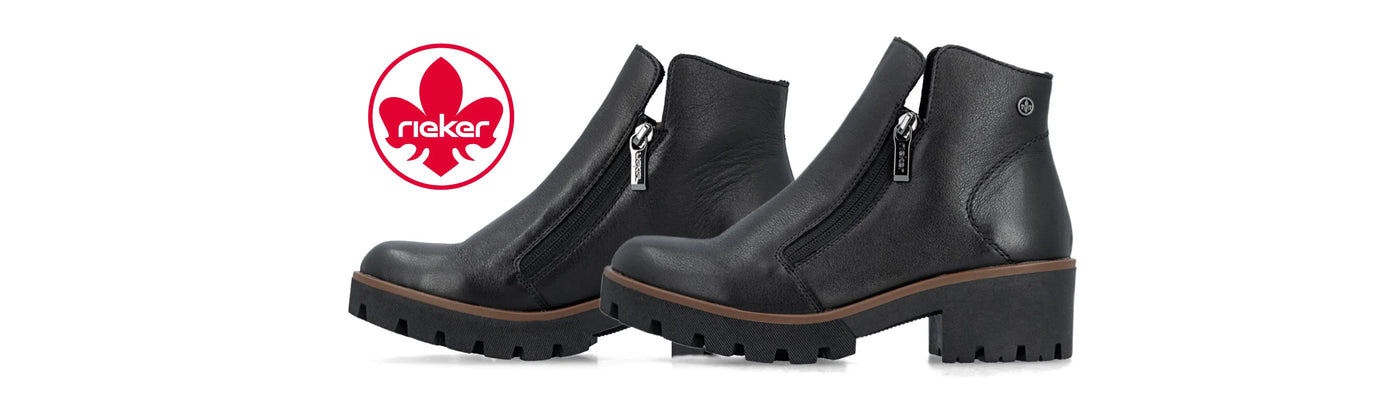 A pair of black leather ankle boots with side zippers and chunky lug soles, shown on a white background with a red Rieker logo in the upper left.