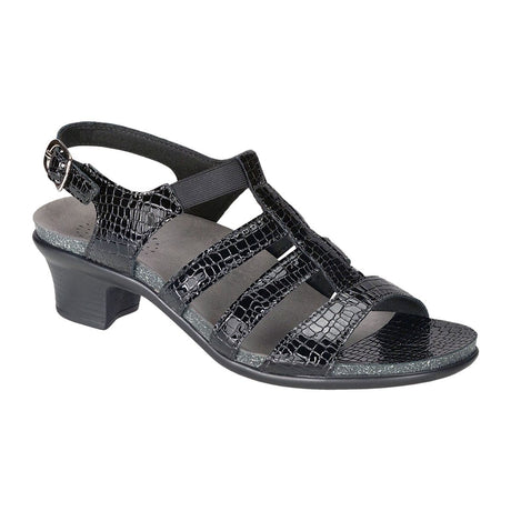 Black croc-textured leather slide sandal with elastic back strap, low 1.75″ heel, and cushioned footbed designed for arch support and all-day comfort. Style #2360-181