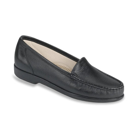 SAS Simplify women’s slip-on black leather loafer with smooth finish, padded lining, removable cushioned footbed, and 1-inch heel for classic everyday wear. Style #1550-013