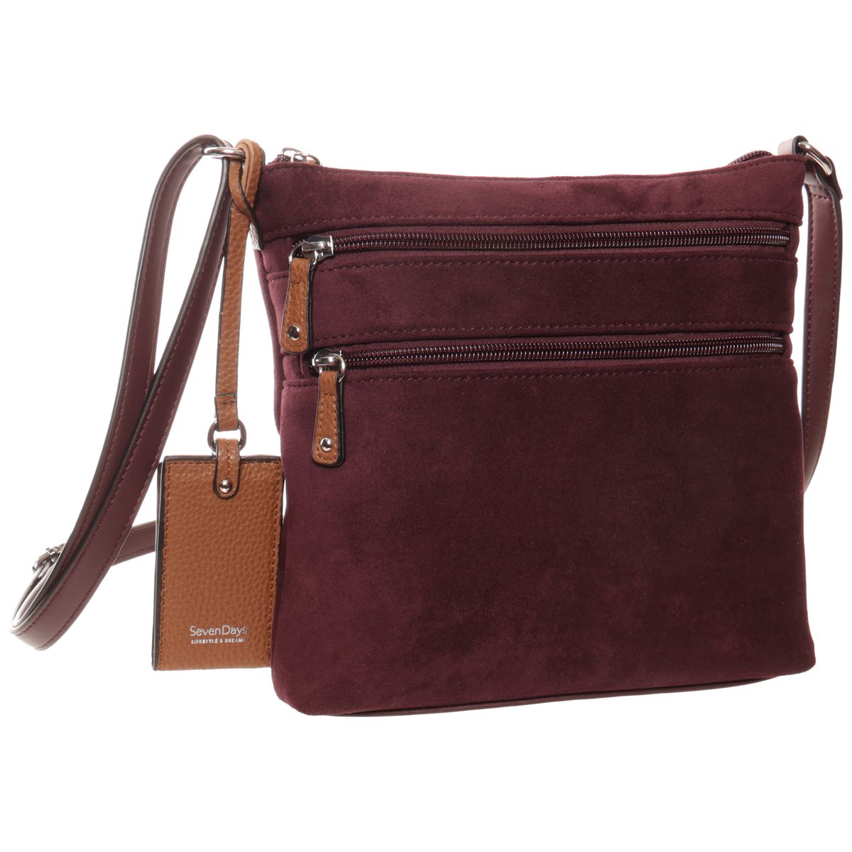 Seven Days burgundy suede crossbody handbag featuring front zip pockets, tan leather trim, and a hanging logo charm. Style #R18051STL
