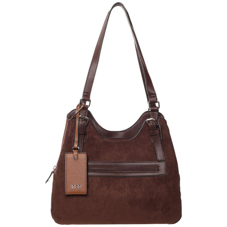 A dark brown faux suede hobo shoulder bag with dark brown leather trim, a front zippered pocket, and a hanging leather brand tag on a white background.
