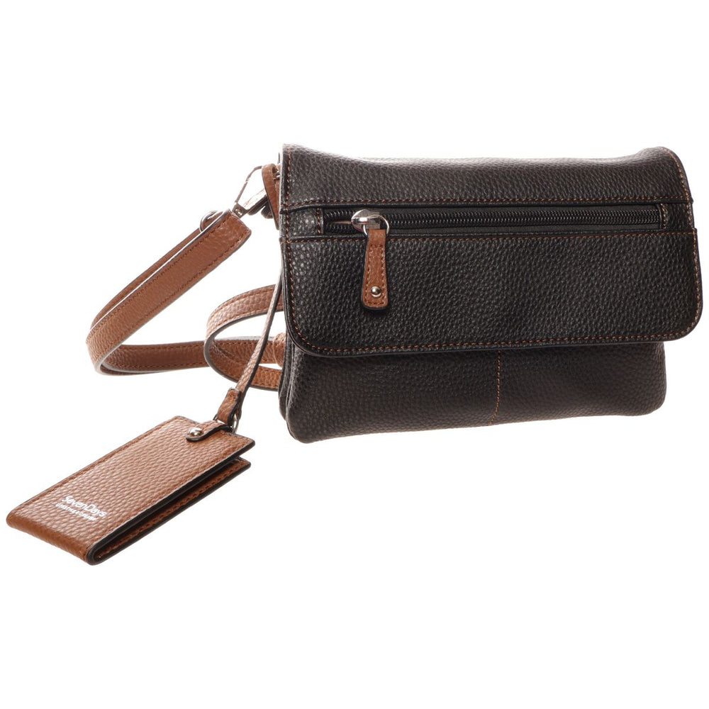 Seven Days black pebbled leather small flip wallet crossbody with flap zip pocket, tan strap, and tag charm. Style #R19114STL.