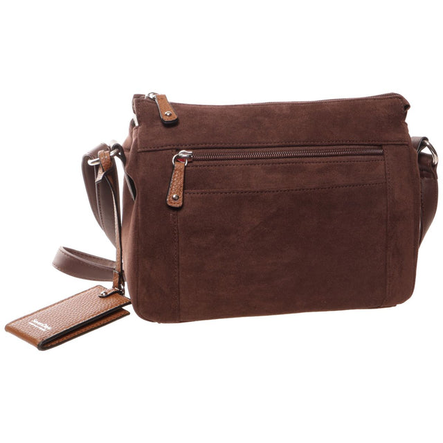 Seven Days chocolate brown suede crossbody handbag with front zipper pocket, tan trim, and logo tag charm. Style #R19317STL
