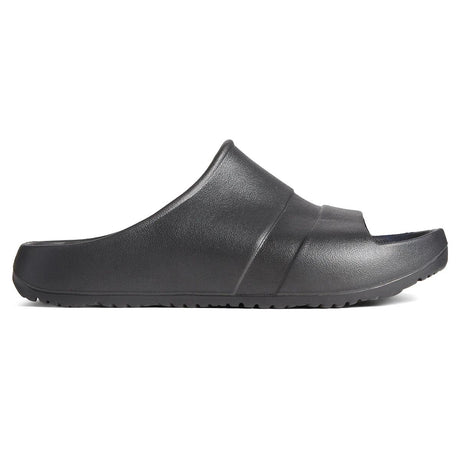 Men's black lightweight molded EVA foam one-piece slide sandal with a wide upper strap. Style #STS24002.