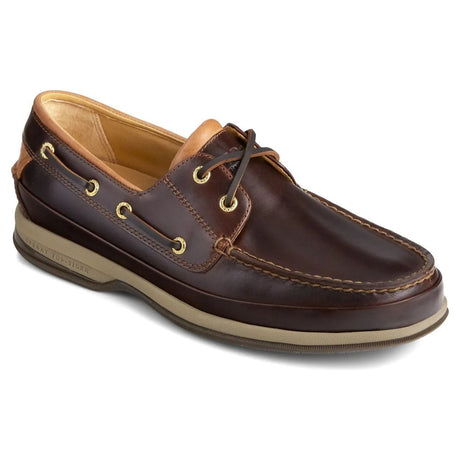 Men's dark amaretto brown leather boat shoe with rawhide laces, gold-plated eyelets, and a beige rubber sole. Style #0579052.
