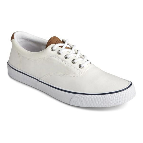 Men's white canvas lace-up sneaker with white laces, a brown tongue accent, and a white rubber sole. Style #STS22043.