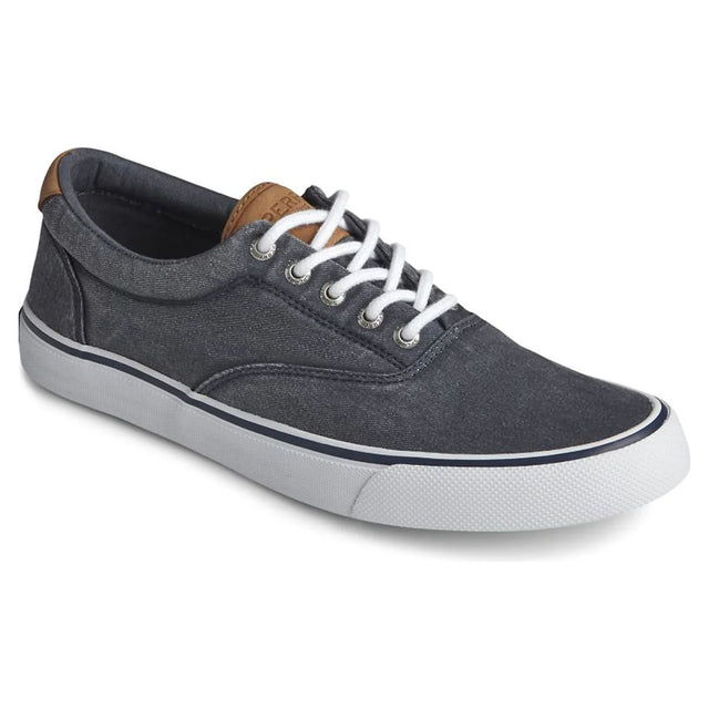 Men's navy canvas lace-up sneaker with white laces, brown tongue accent, and white rubber sole. Style #STS22044