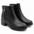 Black leather ankle boot with double side zippers, a block heel, and a durable outsole. Style #F8152 BLK