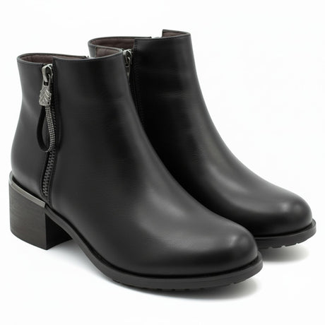 Black leather ankle boot with double side zippers, a block heel, and a durable outsole. Style #F8152 BLK