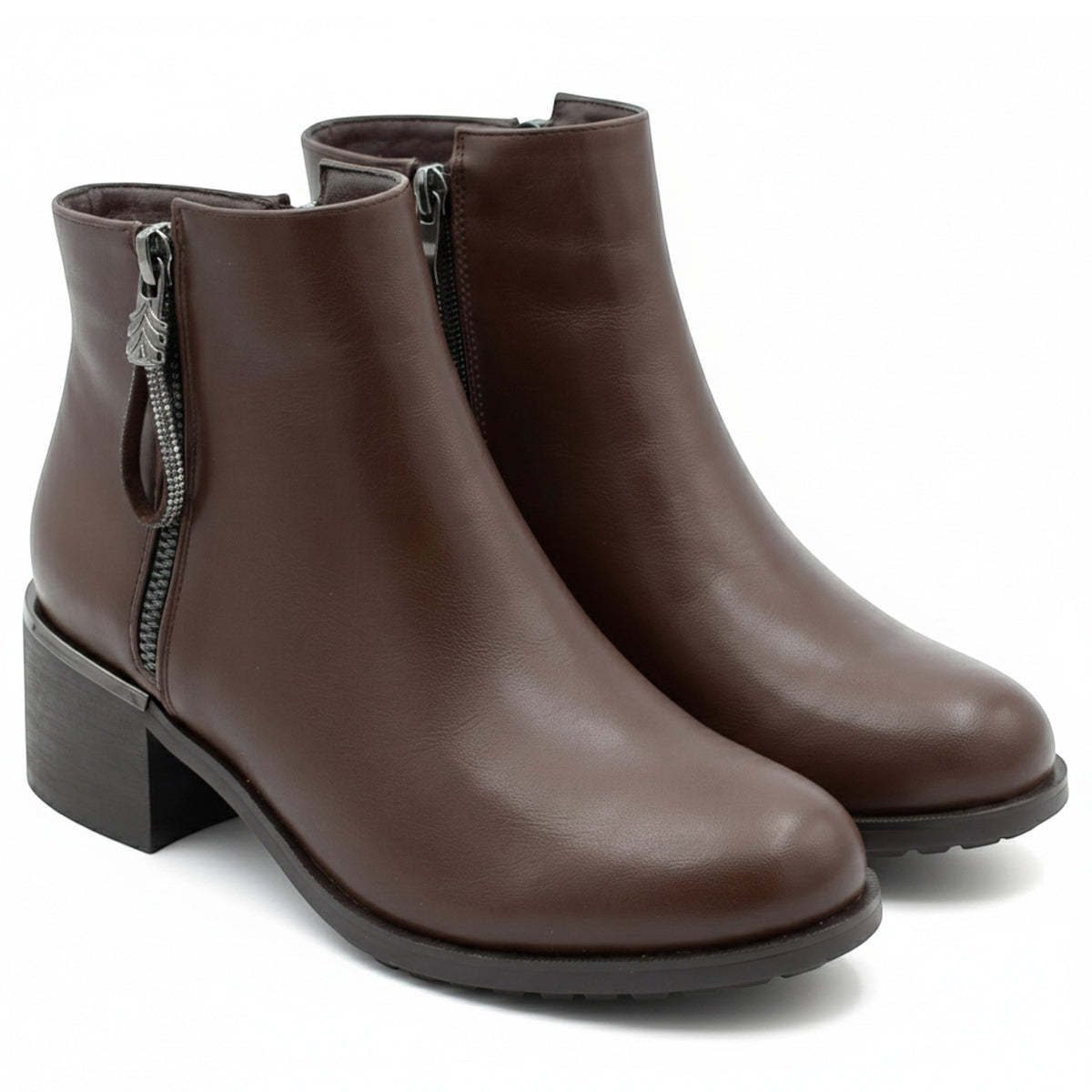 Coffee brown leather ankle boot with double side zippers, a block heel, and a durable outsole. Style #F8152 BRN