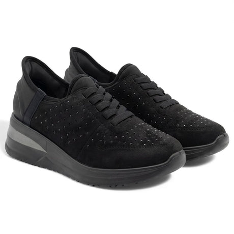 Black suede casual shoe with stud accents, elastic lace-up front, and a thick black sole. Style #F8215 BLK