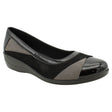 Women's black and grey wedge pump with patent leather toe, suede panels, and a low black wedge heel. Style #S/F 5066