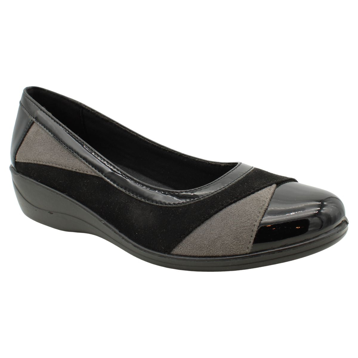 Women's black and grey wedge pump with patent leather toe, suede panels, and a low black wedge heel. Style #S/F 5066