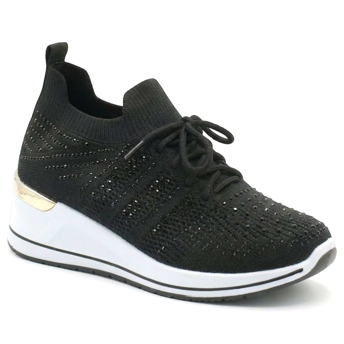 Black knit sneaker with rhinestone accents, a lace-up front, and a white wedge sole with gold detail. Style #S5479