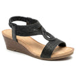 Women's black wedge sandal with braided rope-style straps, a t-strap design, and a wood-grain effect heel. Style #S5577