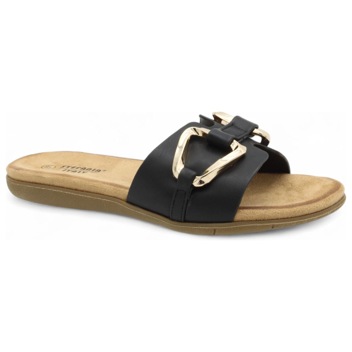 Women’s black slide sandal with a wide upper strap, an adjustable metallic gold buckle, and a dark contoured sole. Style #S8374.