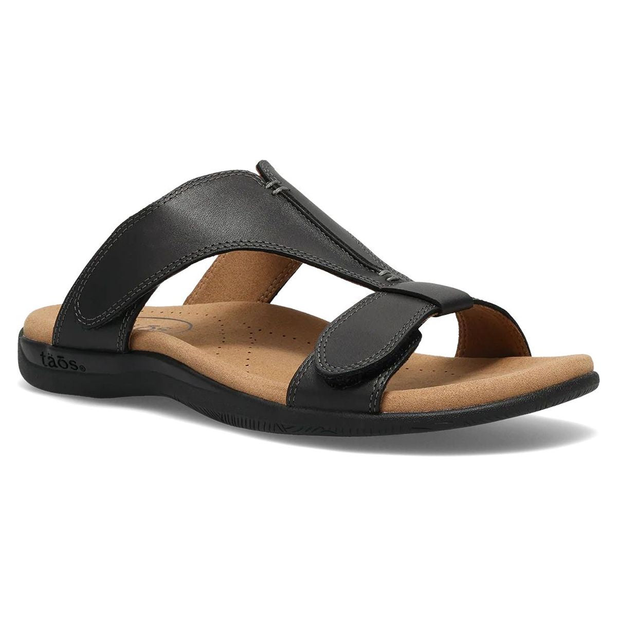 Black leather slide sandal with two adjustable hook-and-loop straps and a contoured cork footbed.