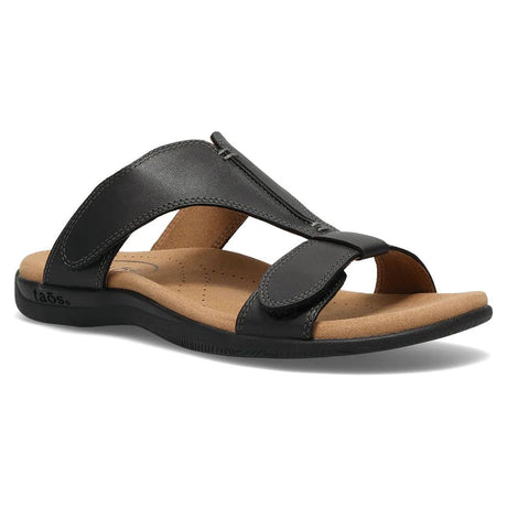 Black leather slide sandal with two adjustable hook-and-loop straps and a contoured cork footbed.