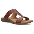 Cognac brown leather slide sandal with two adjustable hook-and-loop straps and a contoured tan footbed.