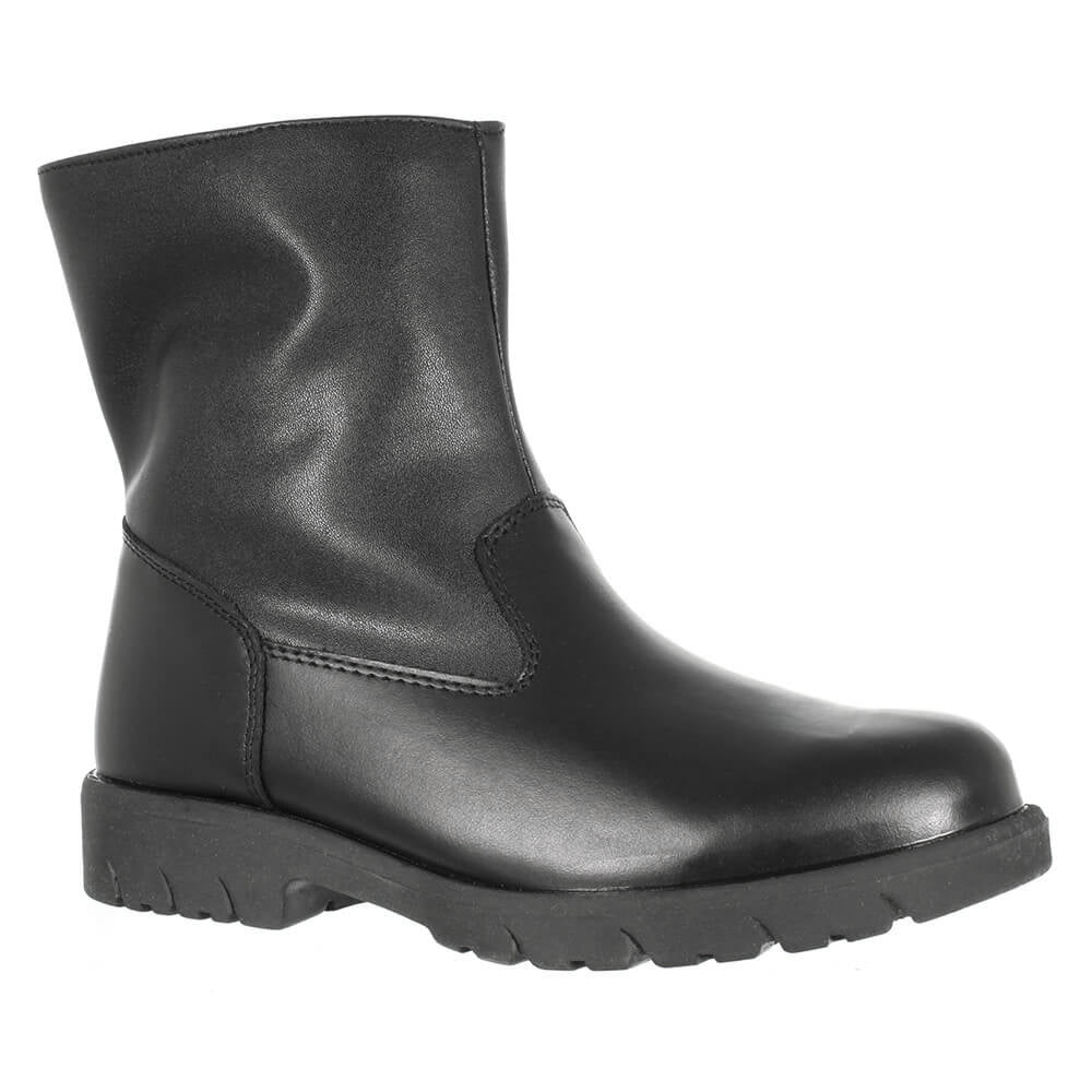T03887B200 A black leather men's boot with a side zipper and a sturdy, weather-resistant outsole, photographed on a white background