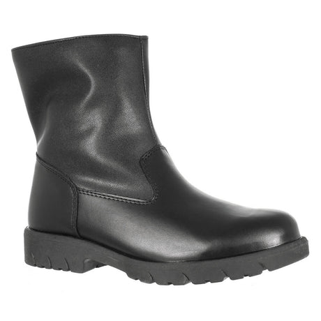 T03887B200 A black leather men's boot with a side zipper and a sturdy, weather-resistant outsole, photographed on a white background