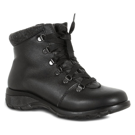 Black leather lace-up ankle boot with a side zipper, felt cuff, and ridged rubber sole. T18598-B20.