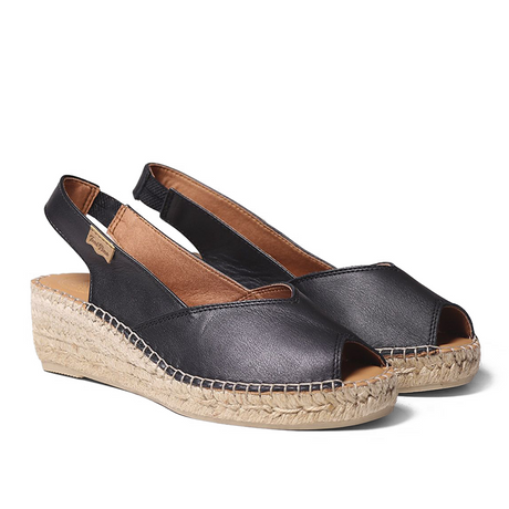 Women’s black leather wedge espadrille featuring a peep toe, jute-wrapped wedge platform, and elastic slingback strap for elegant summer wear. Style #P1231