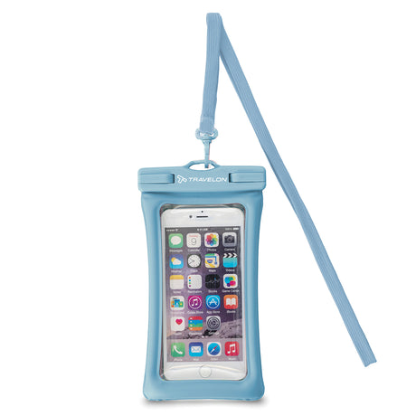 Blue Travelon waterproof pouch with a clear window showing an iPhone. A blue lanyard strap hangs from the top clip. 13600-330