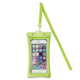 Green Travelon waterproof pouch with a clear window showing an iPhone. A green lanyard strap hangs from the top clip. 13600-450as