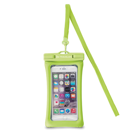 Green Travelon waterproof pouch with a clear window showing an iPhone. A green lanyard strap hangs from the top clip. 13600-450as
