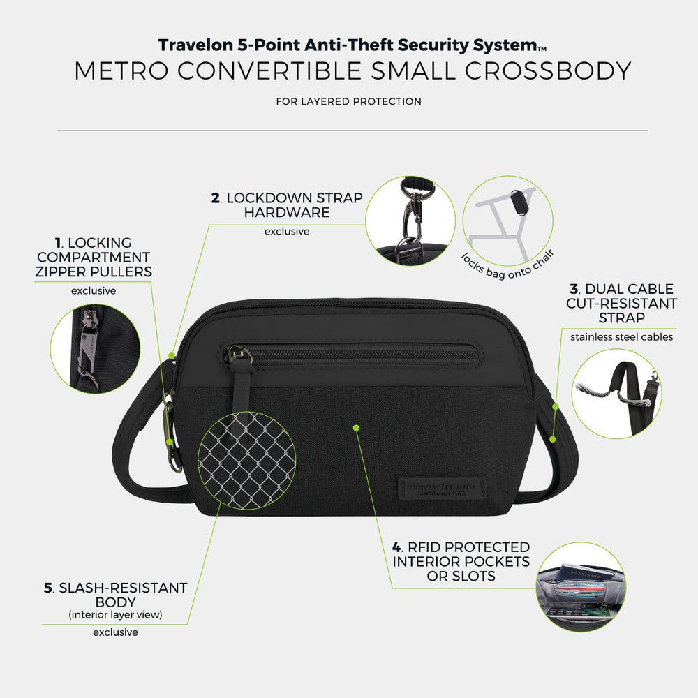 Travelon Women's Anti-Theft Metro Convertible Small Crossbody in Black