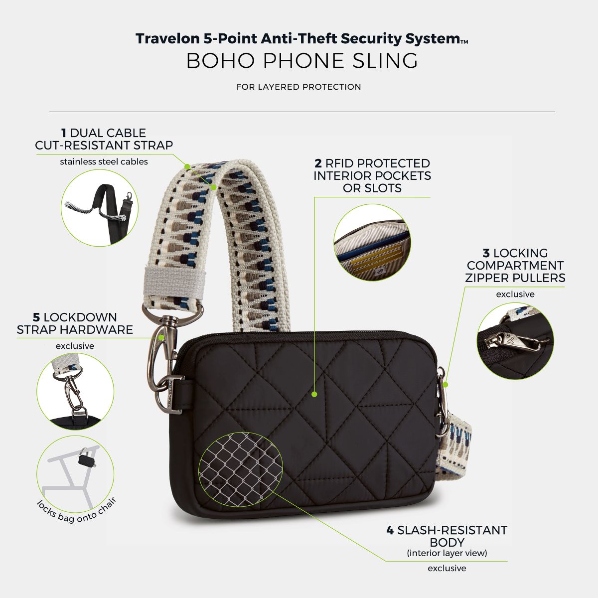 Travelon Women's Anti-Theft Boho Phone Sling in Black