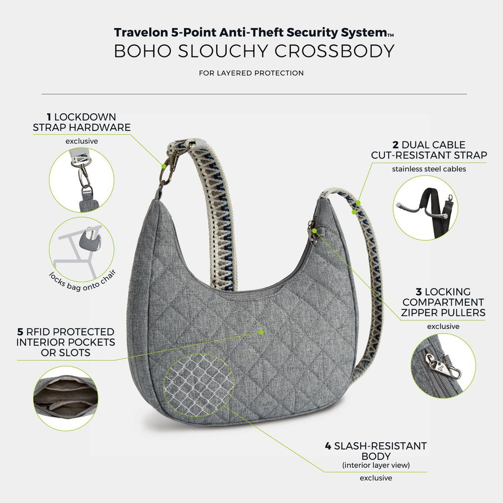 Travelon Woman's Anti-Theft Boho Slouchy Crossbody in Grey