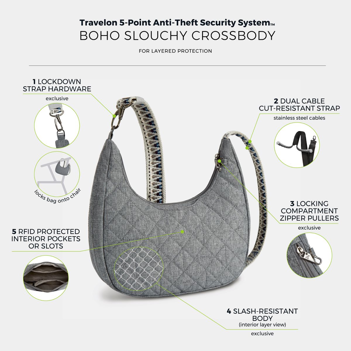 Travelon Woman's Anti-Theft Boho Slouchy Crossbody in Grey