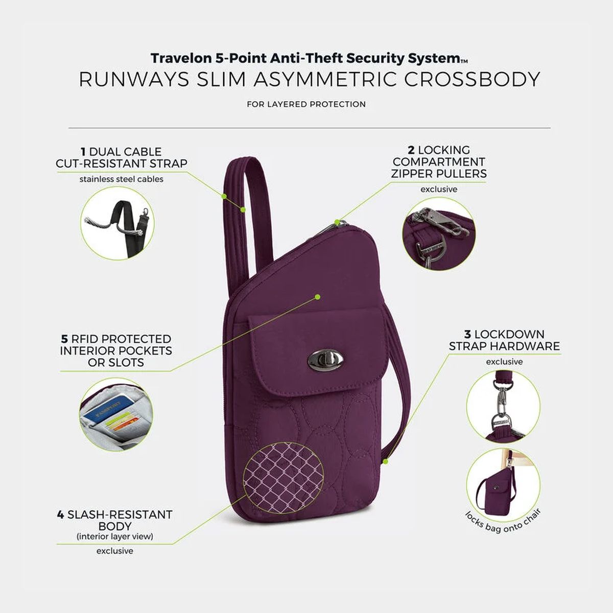 Travelon Women's Runways Anti-Theft Slim Asymmetric Crossbody - Plum