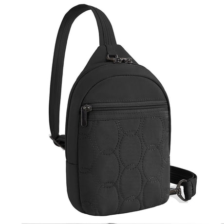 Black quilted anti-theft small sling bag with adjustable shoulder strap and zippered front pocket. Style #43713-500