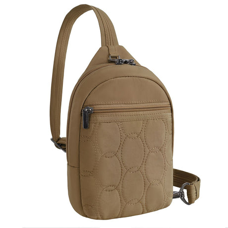 Small latte-coloured quilted anti-theft sling bag with adjustable strap and silver-tone zipper closures. Style #43713-722