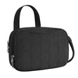 Black quilted crossbody bag with two zippered compartments, locking hardware, and a top handle. Style #43714-500