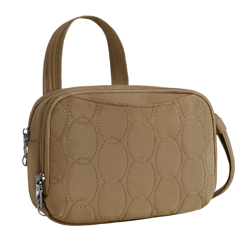 Latte-coloured quilted crossbody bag with two zippered compartments, locking hardware, and top handle. Style #43714-722
