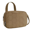 Latte-coloured quilted crossbody bag with two zippered compartments, locking hardware, and top handle. Style #43714-722