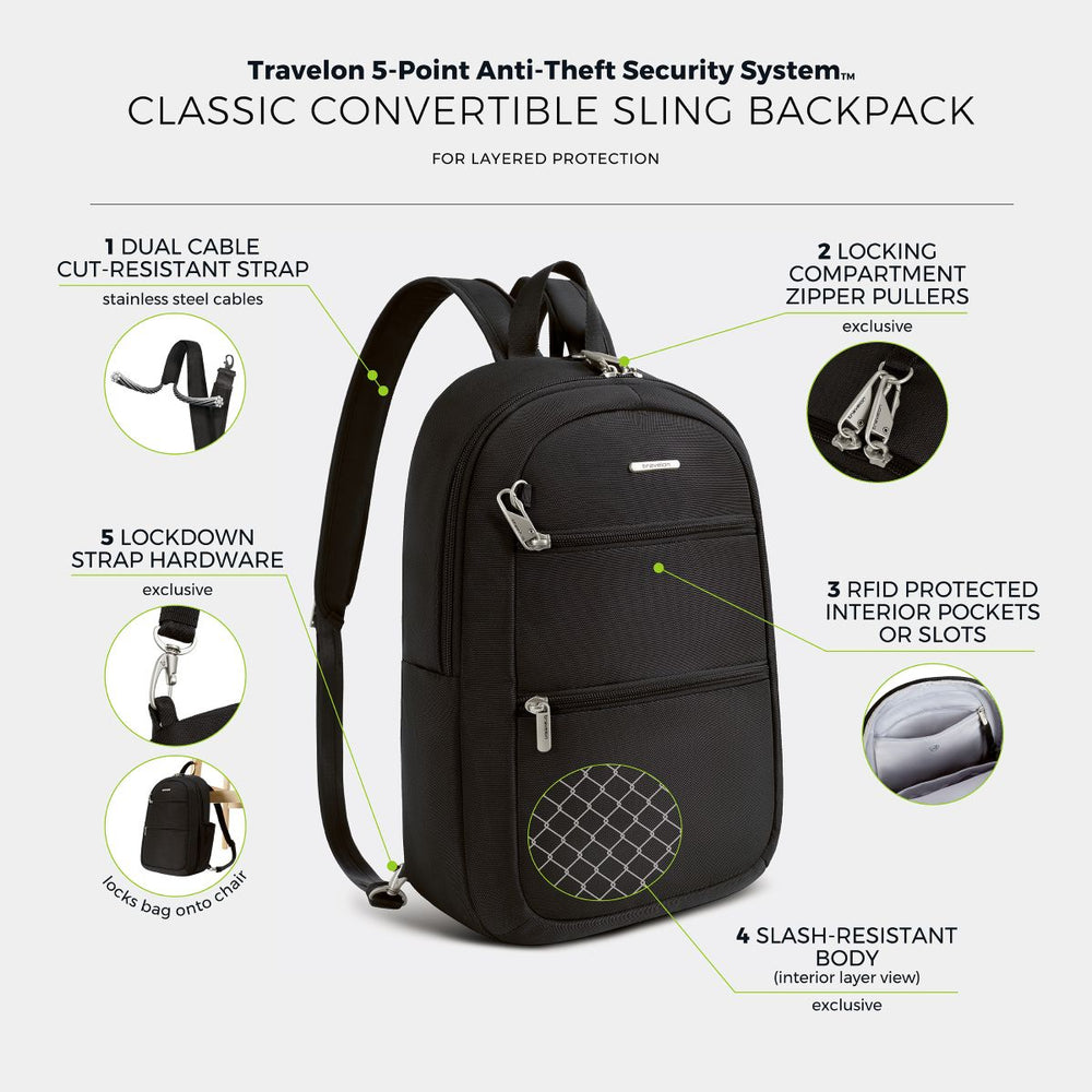 Travelon Unisex Anti-Theft Classic Convertible Sling Backpack in Black