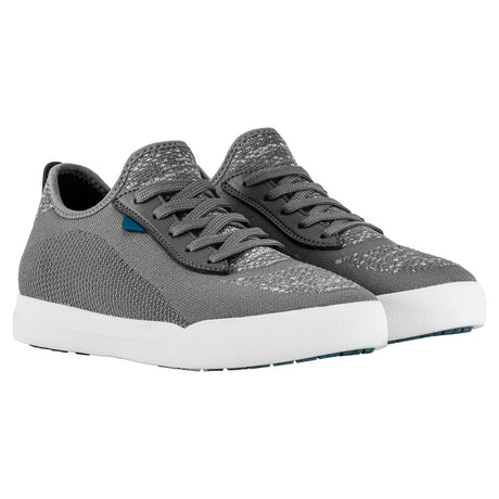 Grey knit sneaker featuring integrated laces, a sock-like collar, and a thick, textured white sole. Style #F1005W-GY
