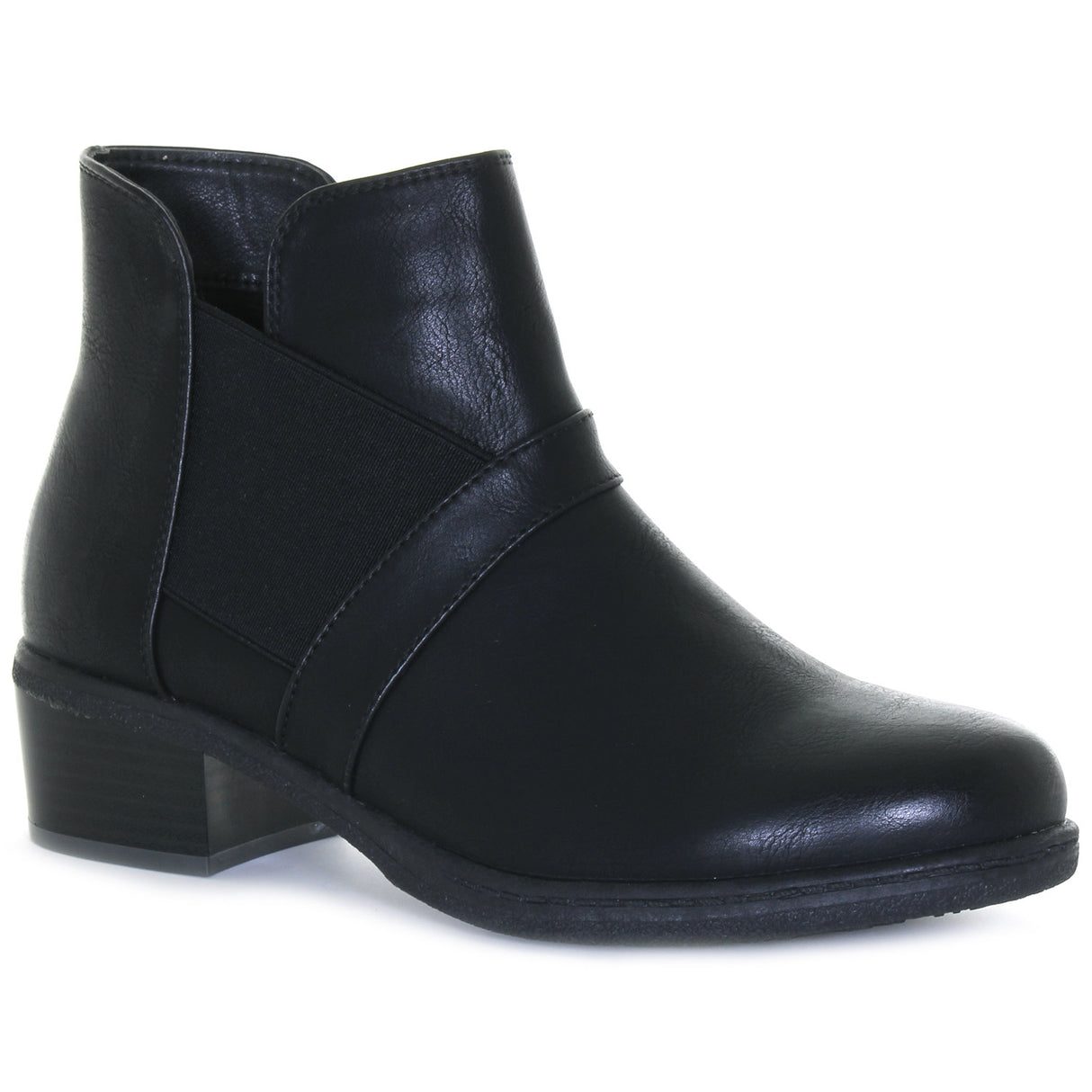 Black faux leather ankle boot with low block heel, elastic gore side panel, and decorative strap. Style # T23720-B20