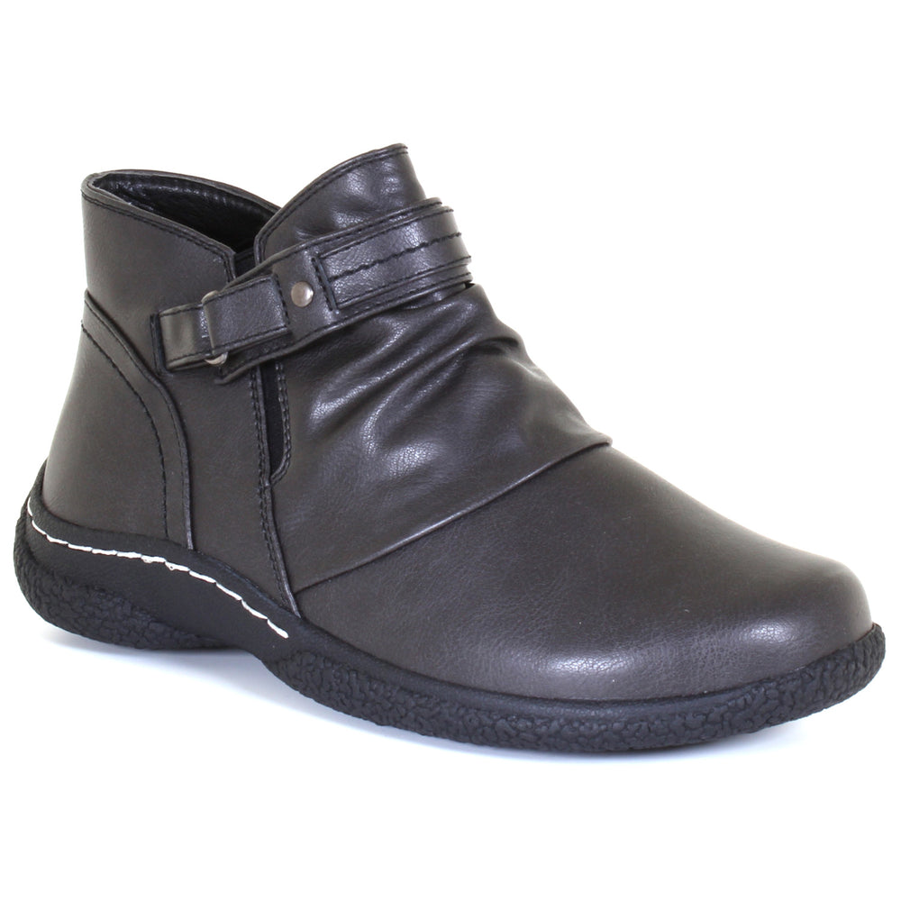 Dark grey women's ruched ankle boot with side zipper, buckled strap, comfort sole, and white stitching. Style # T25707-B20