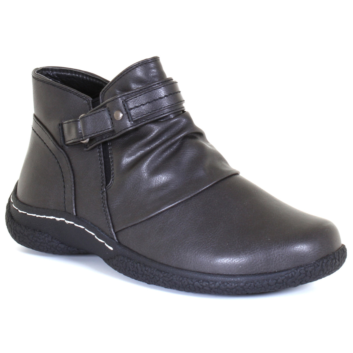Dark grey women's ruched ankle boot with side zipper, buckled strap, comfort sole, and white stitching. Style # T25707-B20