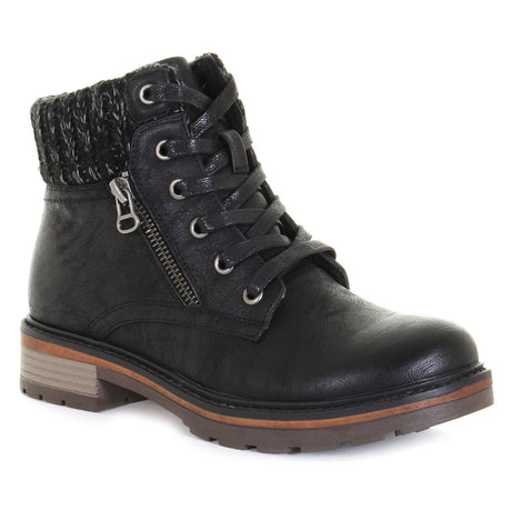 Black vegan ankle boot with lace-up front, outer decorative zipper, sweater-knit collar, and fleece lining. Waterproof with a sturdy sole for cold, wet conditions. Style #T20642-B20